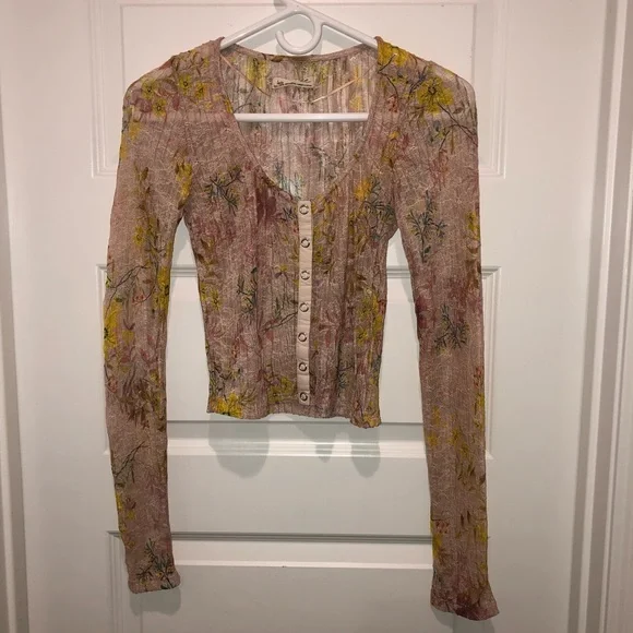 We The Free by Free People Angelina Floral Stretch Cropped Top Shirt Blouse XS - Picture 2 of 5